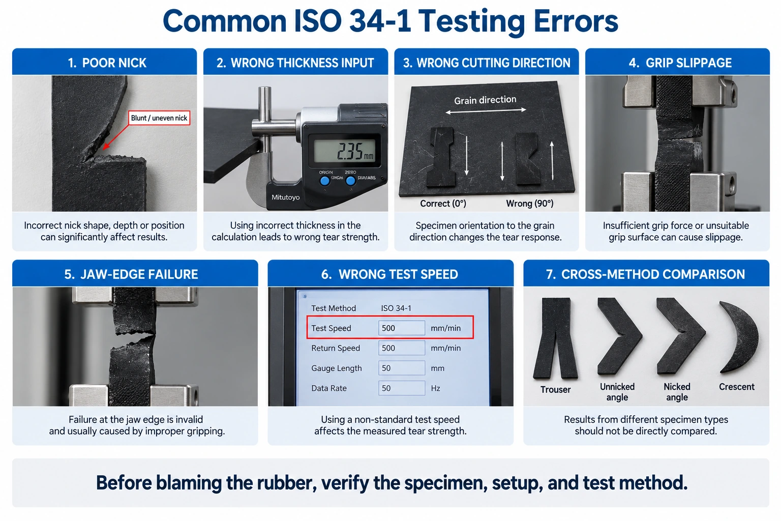 ISO 34-1 rubber tear strength testing common errors